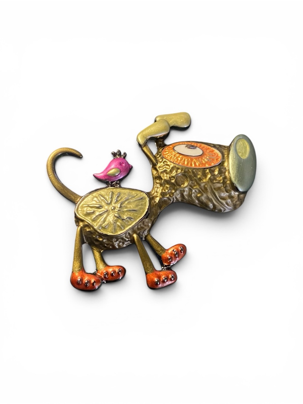 Whimsical Dog Brooch with Pink Bird Accent - Gold & Orange